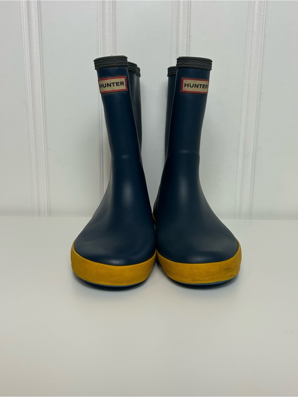 Hunter Navy blue Yellow trim rubber Rain Boots boys big kids 3